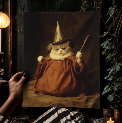 It's LeviOsa! Funny Wizard Fat Cat Wall Art Print with Robes and Wand, Whimsical Animal Lover, Witchcore Decor and Fantasy Gag Poster