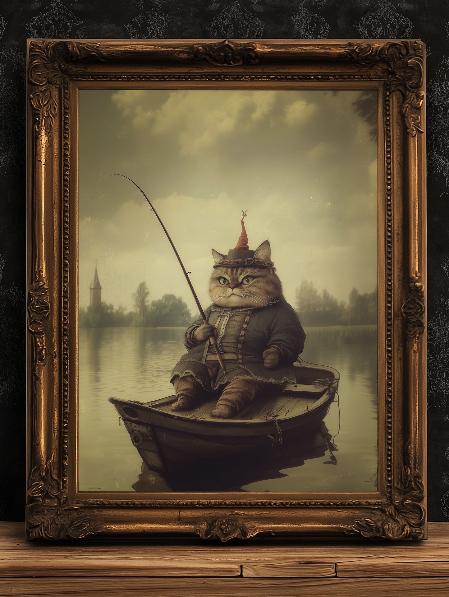 Funny Fishing Cat On Boat, Weird Cat Lover Gift, Fantasy Feline Art, Whimsical Animal Lover Wall Decor, Eccentric Pet Poster