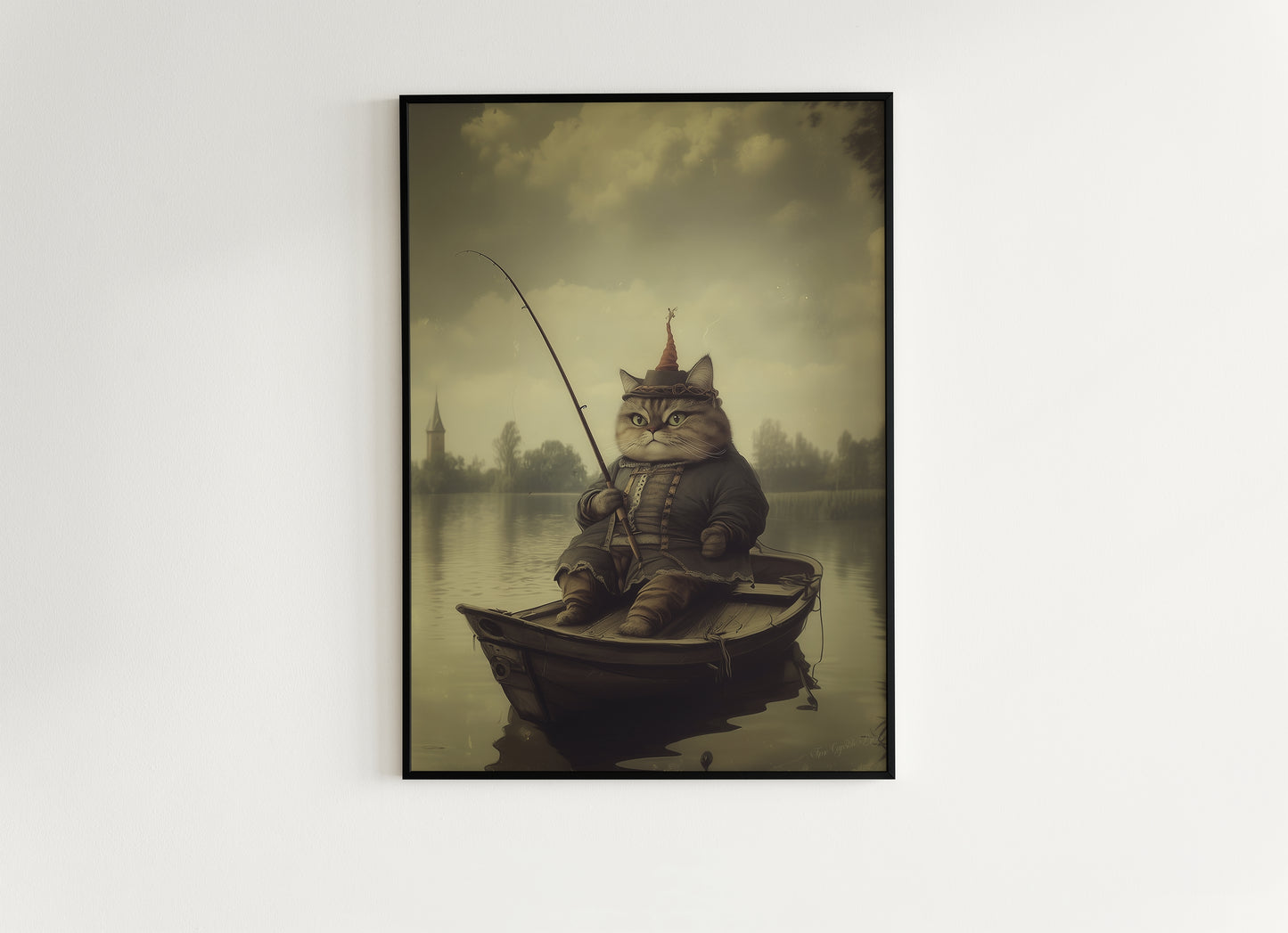 Funny Fishing Cat On Boat, Weird Cat Lover Gift, Fantasy Feline Art, Whimsical Animal Lover Wall Decor, Eccentric Pet Poster