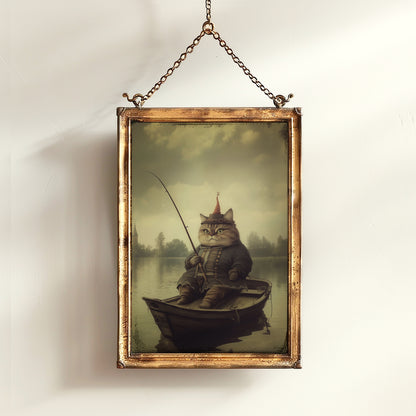 Funny Fishing Cat On Boat, Weird Cat Lover Gift, Fantasy Feline Art, Whimsical Animal Lover Wall Decor, Eccentric Pet Poster