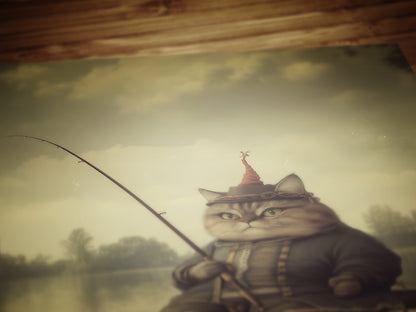 Funny Fishing Cat On Boat, Weird Cat Lover Gift, Fantasy Feline Art, Whimsical Animal Lover Wall Decor, Eccentric Pet Poster