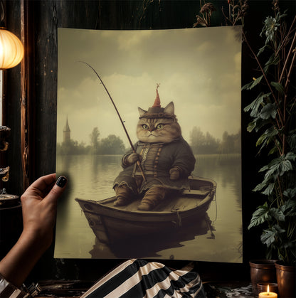 Funny Fishing Cat On Boat, Weird Cat Lover Gift, Fantasy Feline Art, Whimsical Animal Lover Wall Decor, Eccentric Pet Poster