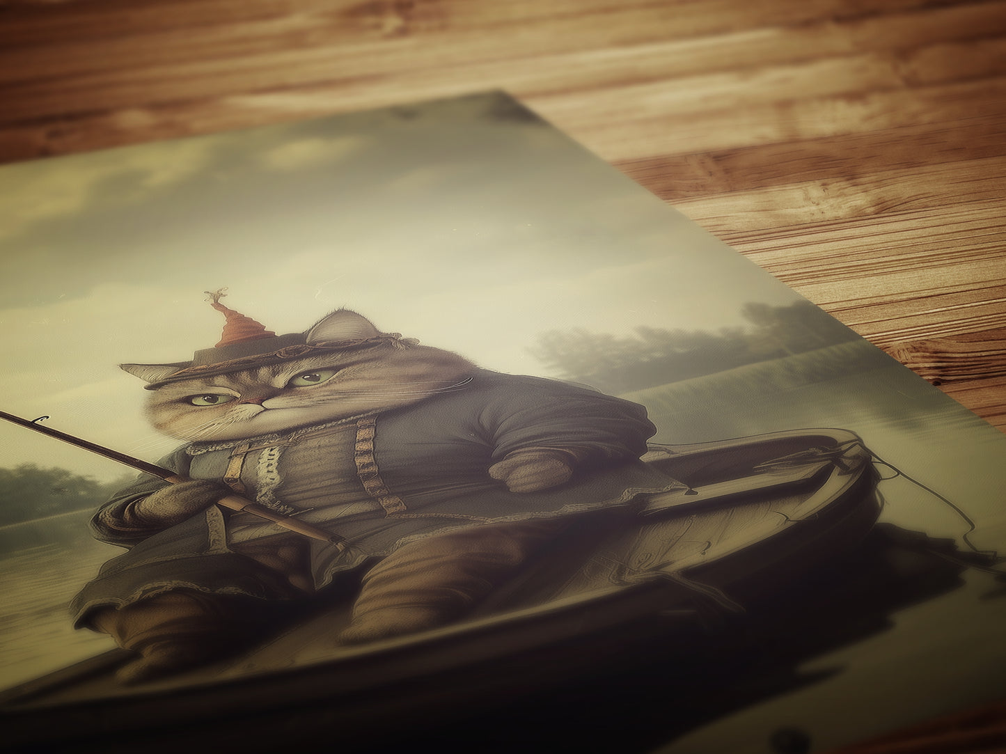 Funny Fishing Cat On Boat, Weird Cat Lover Gift, Fantasy Feline Art, Whimsical Animal Lover Wall Decor, Eccentric Pet Poster