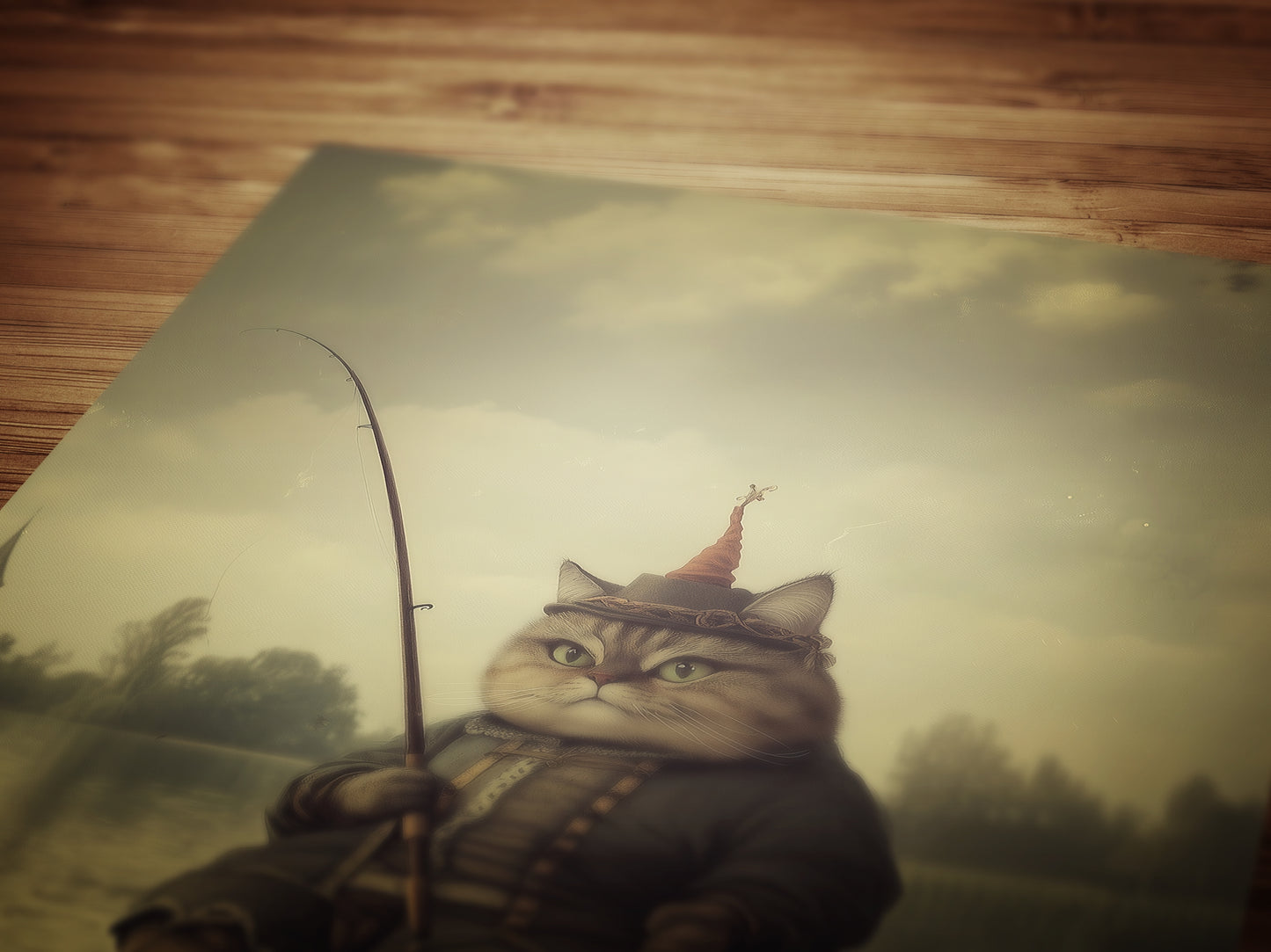 Funny Fishing Cat On Boat, Weird Cat Lover Gift, Fantasy Feline Art, Whimsical Animal Lover Wall Decor, Eccentric Pet Poster