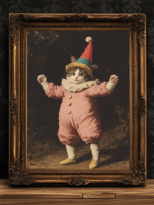 Funny Cat Clown, Kitty In Jester Costume Art Poster, Whimsical Pet Lover Wall Decor and Eccentric Animal Poster, Circus Kitten Art