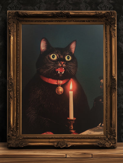 Whimsical Black Cat In Candlelight Art Print Poster, Vintage Humor Altered Painting, Funny Bathroom Toilet Decor, Weird Classic Art Gift