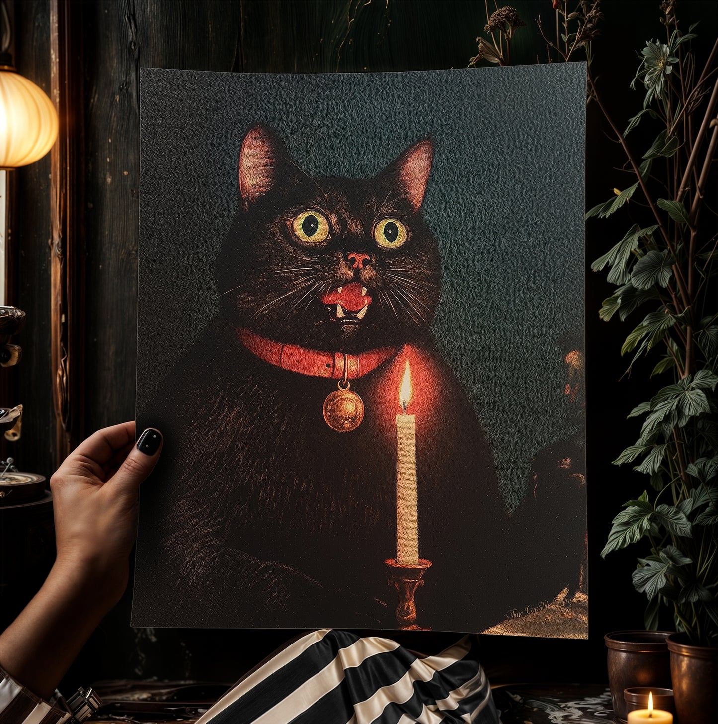 Whimsical Black Cat In Candlelight Art Print Poster, Vintage Humor Altered Painting, Funny Bathroom Toilet Decor, Weird Classic Art Gift