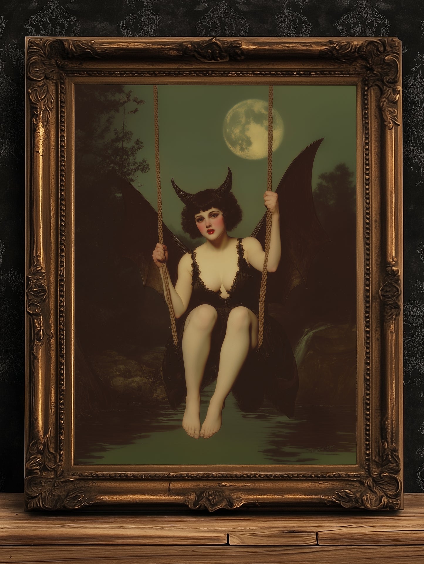 Gothic Demon Girl on Swing Under Full Moon, Witchy Whimsigoth Wall Decor, Bat Woman Painting, Dark Fantasy Aesthetic Poster