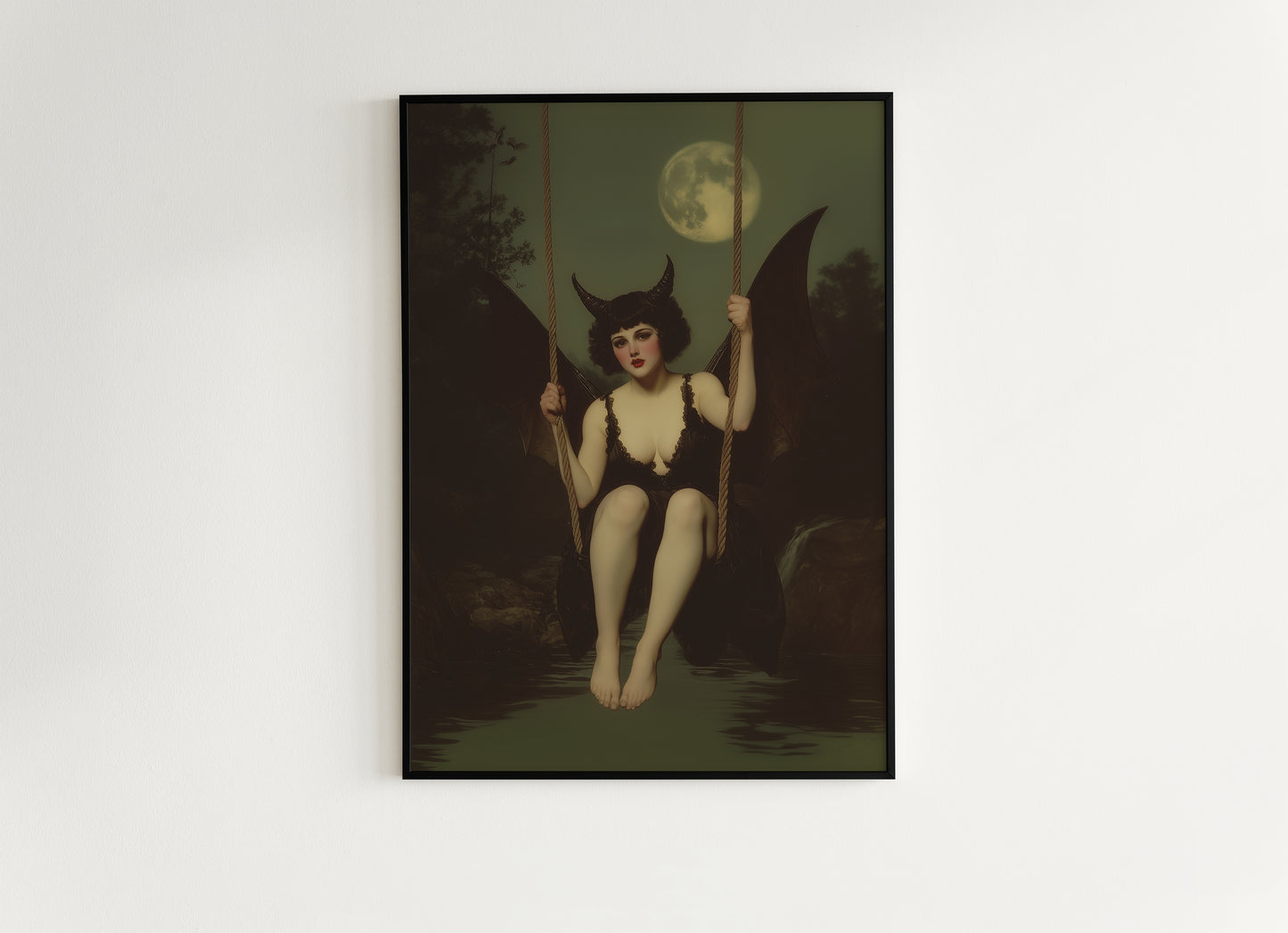 Gothic Demon Girl on Swing Under Full Moon, Witchy Whimsigoth Wall Decor, Bat Woman Painting, Dark Fantasy Aesthetic Poster