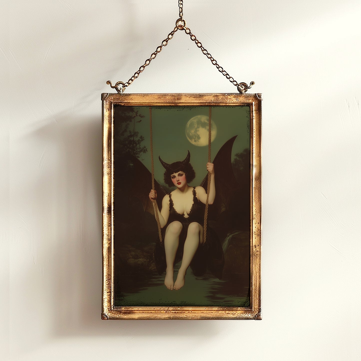 Gothic Demon Girl on Swing Under Full Moon, Witchy Whimsigoth Wall Decor, Bat Woman Painting, Dark Fantasy Aesthetic Poster