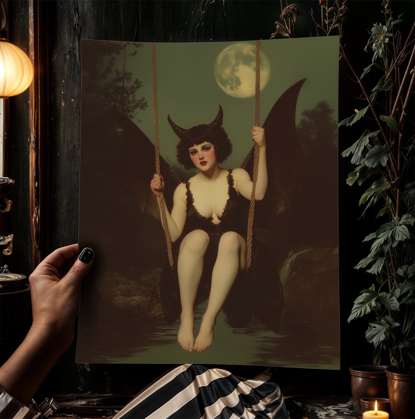 Gothic Demon Girl on Swing Under Full Moon, Witchy Whimsigoth Wall Decor, Bat Woman Painting, Dark Fantasy Aesthetic Poster