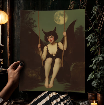 Gothic Demon Girl on Swing Under Full Moon, Witchy Whimsigoth Wall Decor, Bat Woman Painting, Dark Fantasy Aesthetic Poster