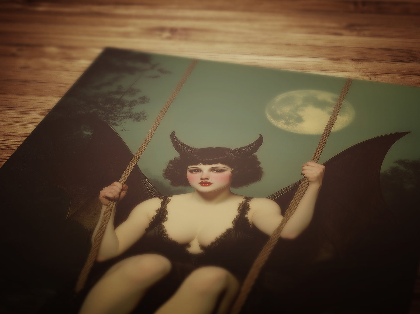 Gothic Demon Girl on Swing Under Full Moon, Witchy Whimsigoth Wall Decor, Bat Woman Painting, Dark Fantasy Aesthetic Poster