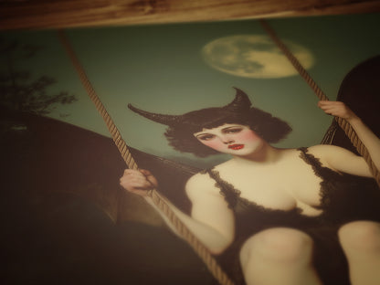 Gothic Demon Girl on Swing Under Full Moon, Witchy Whimsigoth Wall Decor, Bat Woman Painting, Dark Fantasy Aesthetic Poster