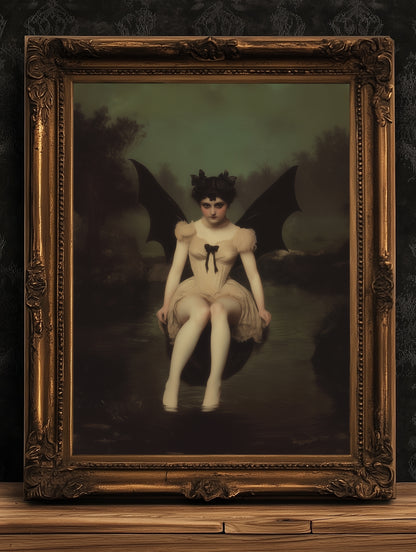 Goddess Lilith, Demon Girl Sitting by Water Art Print Poster, Gothic Whimsigoth Wall Decor Painting, Halloween Dark Fantasy Poster