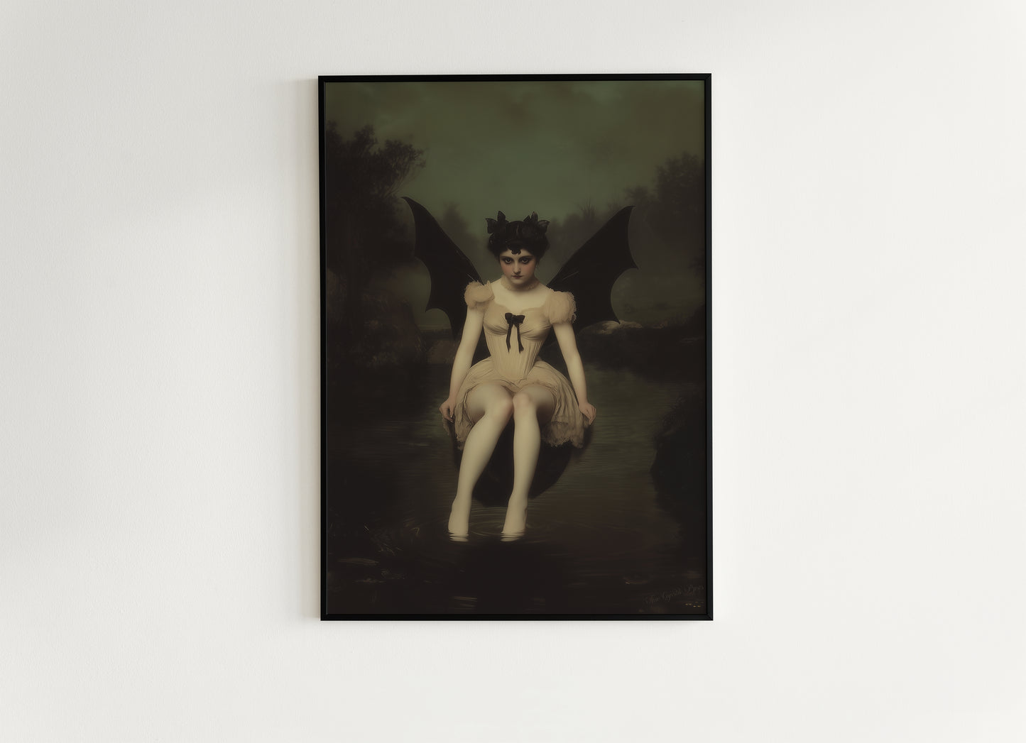 Goddess Lilith, Demon Girl Sitting by Water Art Print Poster, Gothic Whimsigoth Wall Decor Painting, Halloween Dark Fantasy Poster