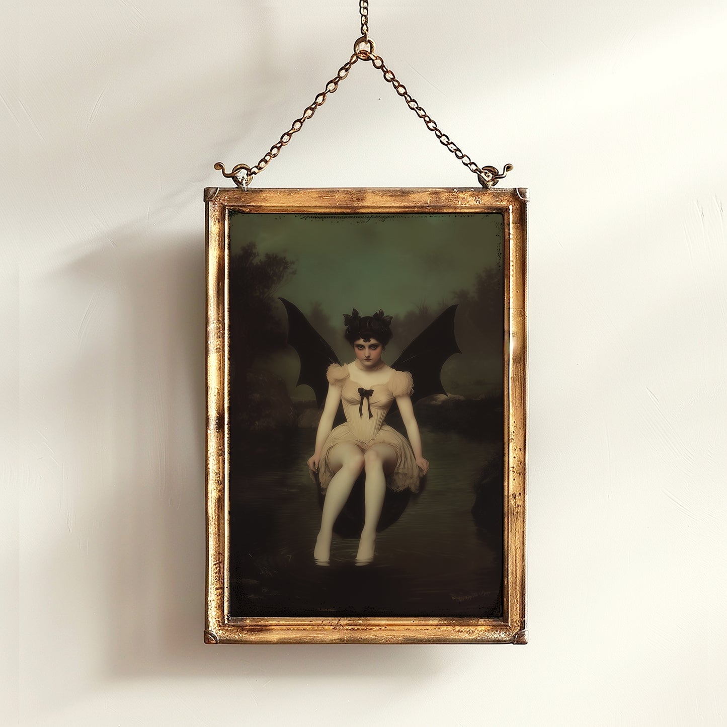 Goddess Lilith, Demon Girl Sitting by Water Art Print Poster, Gothic Whimsigoth Wall Decor Painting, Halloween Dark Fantasy Poster