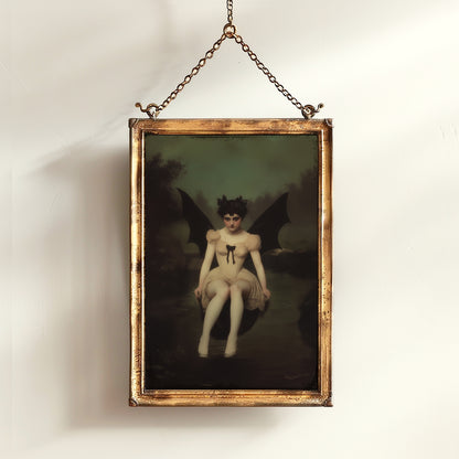 Goddess Lilith, Demon Girl Sitting by Water Art Print Poster, Gothic Whimsigoth Wall Decor Painting, Halloween Dark Fantasy Poster