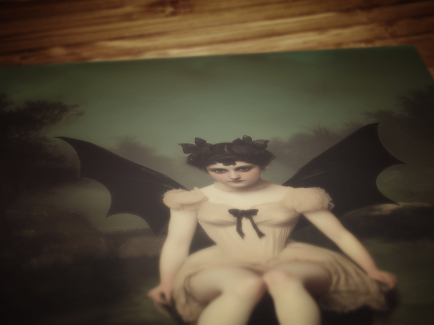 Goddess Lilith, Demon Girl Sitting by Water Art Print Poster, Gothic Whimsigoth Wall Decor Painting, Halloween Dark Fantasy Poster