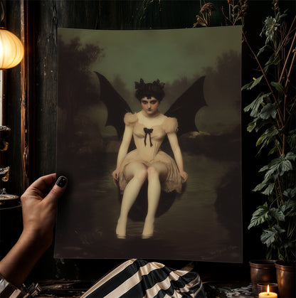 Goddess Lilith, Demon Girl Sitting by Water Art Print Poster, Gothic Whimsigoth Wall Decor Painting, Halloween Dark Fantasy Poster