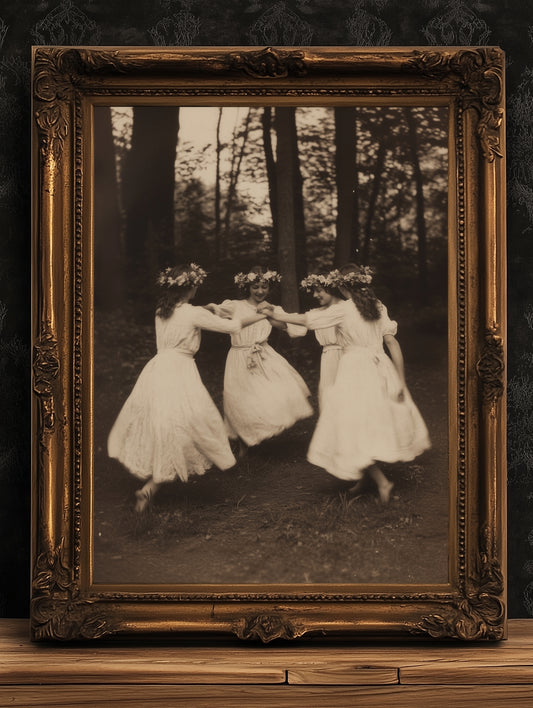 Circle of Dancing Witches Art Print, Spring Celebration Poster, Beltane Ritual, Whimsigoth Cottagecore Wall Art,, Gothic Witchy Home Decor