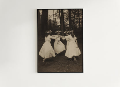 Circle of Dancing Witches Art Print, Spring Celebration Poster, Beltane Ritual, Whimsigoth Cottagecore Wall Art,, Gothic Witchy Home Decor