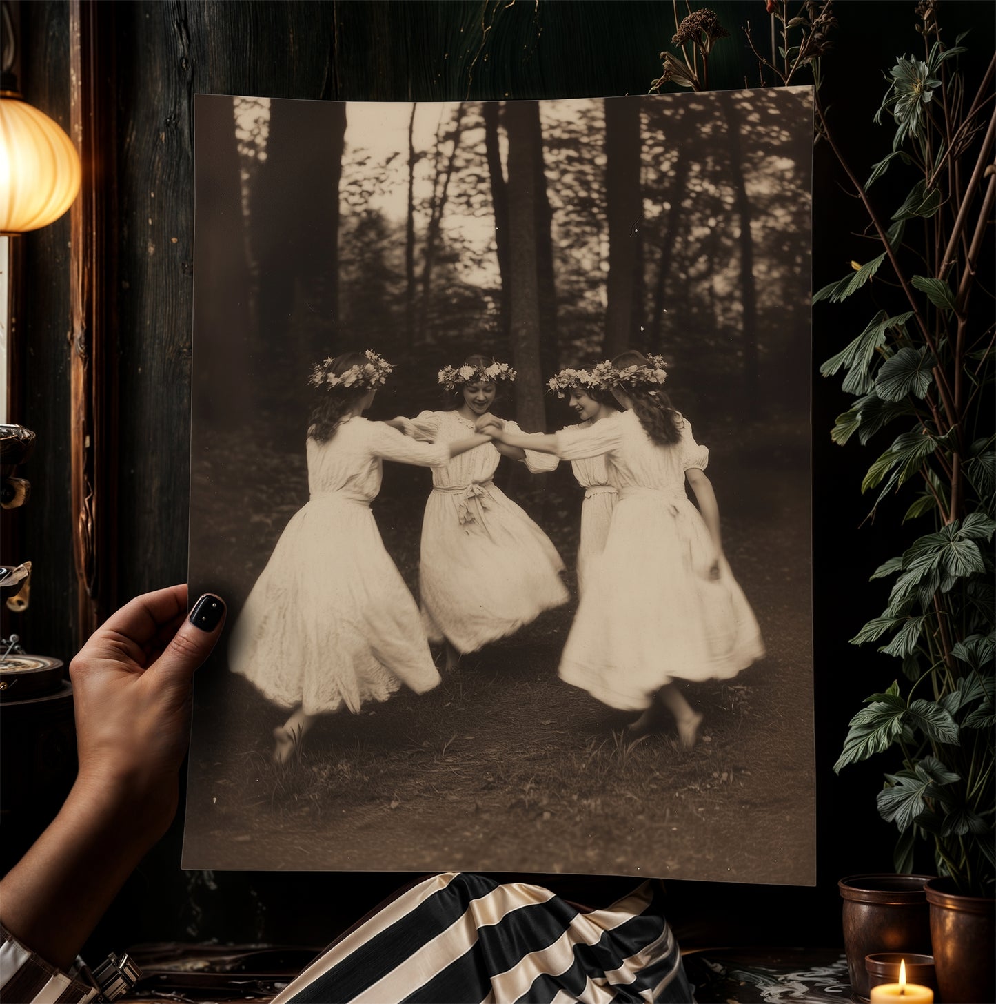 Circle of Dancing Witches Art Print, Spring Celebration Poster, Beltane Ritual, Whimsigoth Cottagecore Wall Art,, Gothic Witchy Home Decor