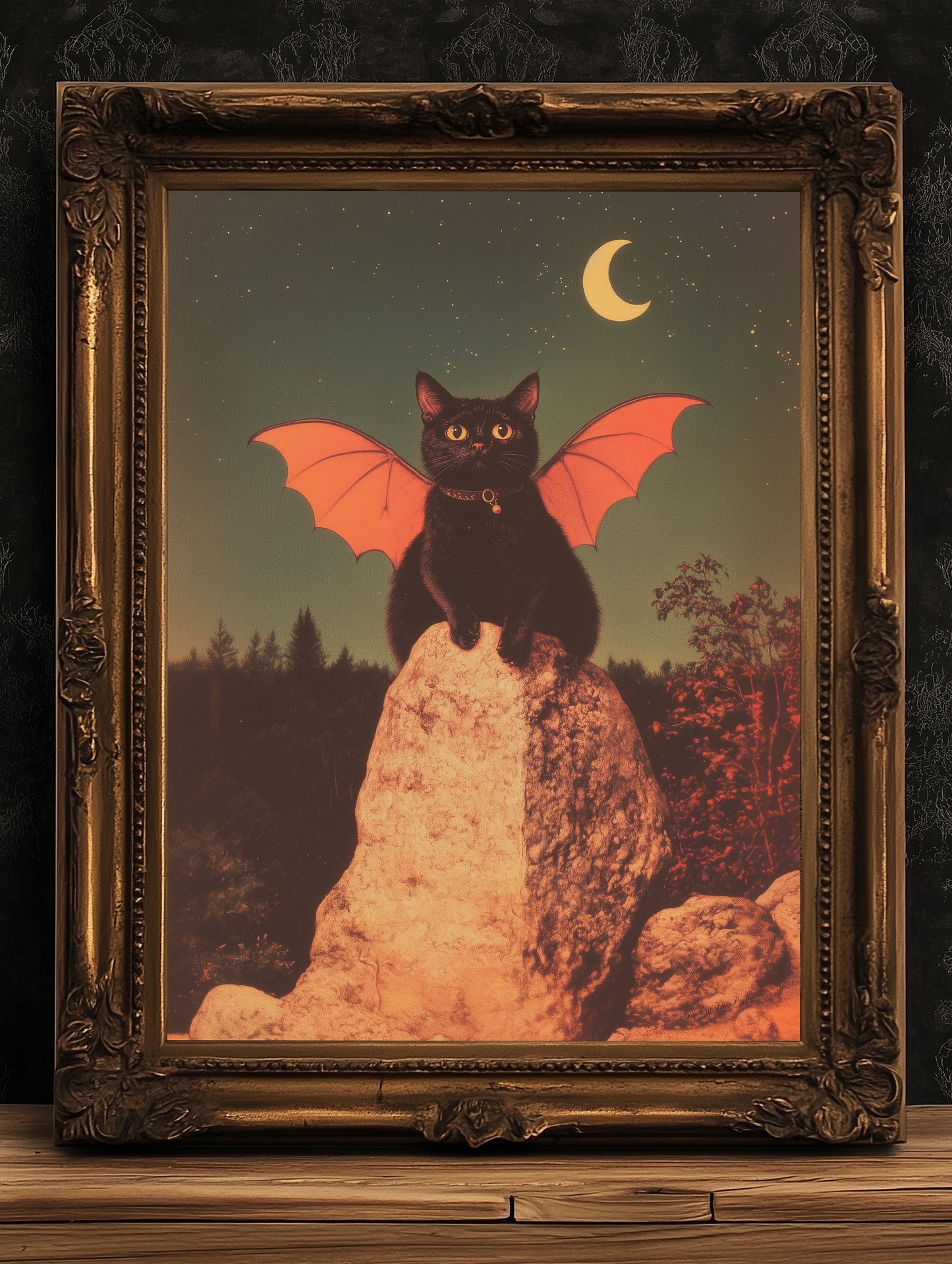 Vampurr, Catula, Bat Winged Black Vampire Cat Art Print, Whimsigoth Halloween Wall Decor, Occult Witchy Fantasy Animal Poster