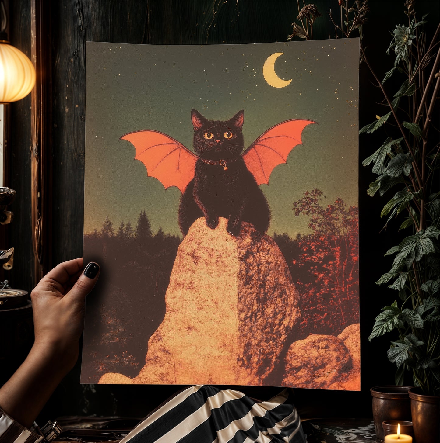 Vampurr, Catula, Bat Winged Black Vampire Cat Art Print, Whimsigoth Halloween Wall Decor, Occult Witchy Fantasy Animal Poster