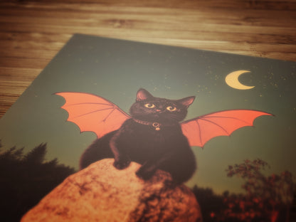 Vampurr, Catula, Bat Winged Black Vampire Cat Art Print, Whimsigoth Halloween Wall Decor, Occult Witchy Fantasy Animal Poster