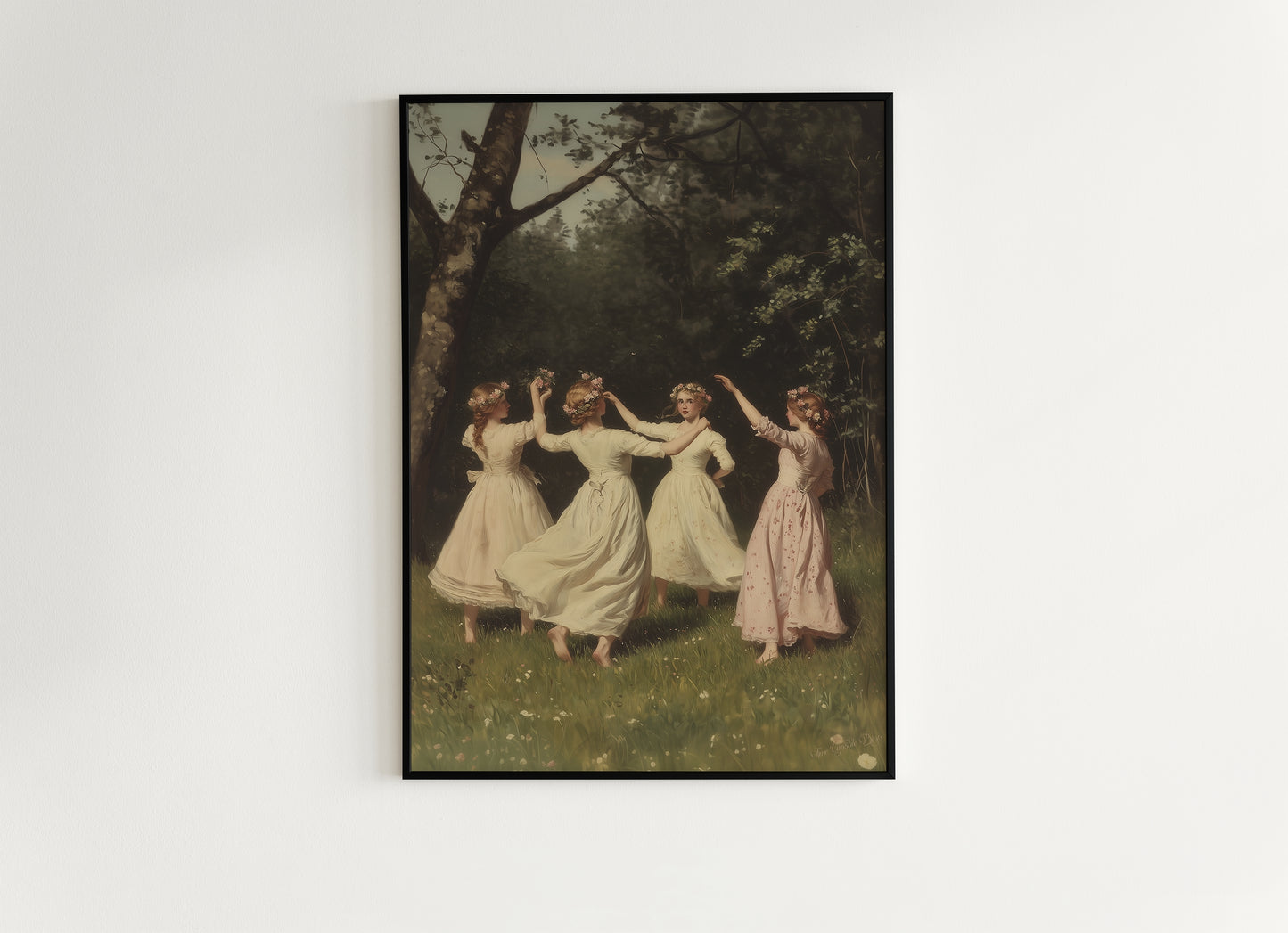 Girls Dancing in Meadow Art Print, Spring Celebration Poster, Beltane Ritual, Witchy Home Decor, Fairycore Wall Decor, Soft Academia Poster