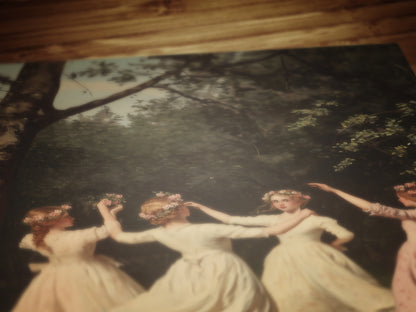 Girls Dancing in Meadow Art Print, Spring Celebration Poster, Beltane Ritual, Witchy Home Decor, Fairycore Wall Decor, Soft Academia Poster