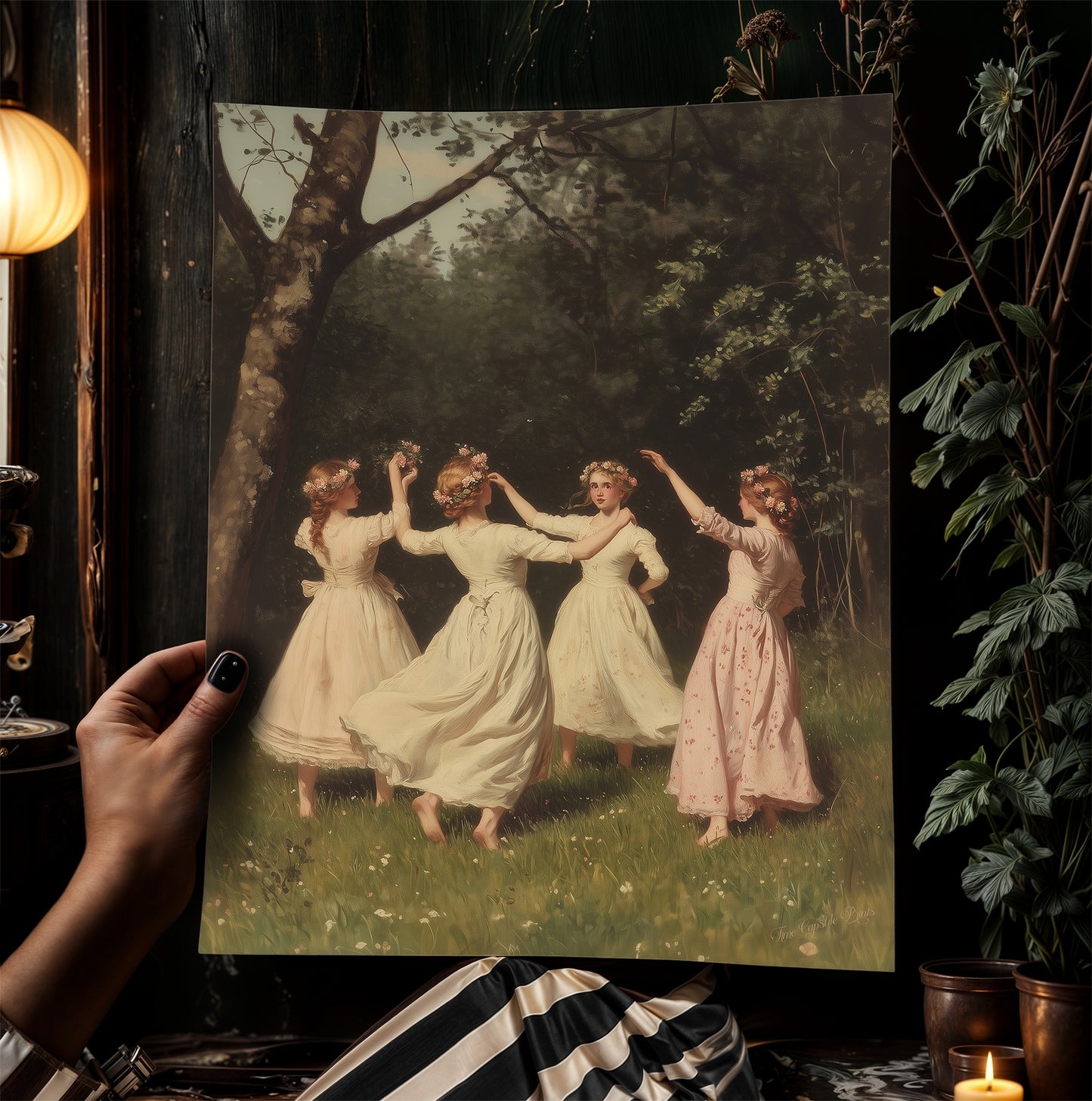 Girls Dancing in Meadow Art Print, Spring Celebration Poster, Beltane Ritual, Witchy Home Decor, Fairycore Wall Decor, Soft Academia Poster