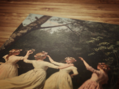 Girls Dancing in Meadow Art Print, Spring Celebration Poster, Beltane Ritual, Witchy Home Decor, Fairycore Wall Decor, Soft Academia Poster