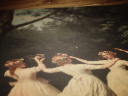 Girls Dancing in Meadow Art Print, Spring Celebration Poster, Beltane Ritual, Witchy Home Decor, Fairycore Wall Decor, Soft Academia Poster