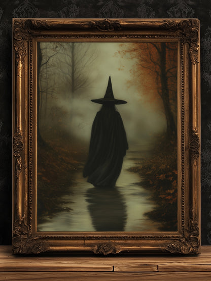 Gothic Witch in Forest Path Art Print, Whimsigoth Pagan Witchy Home Decor, Cottagecore Fairycore Wall Decor, Wiccan Dark Academia Poster