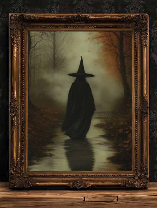 Gothic Witch in Forest Path Art Print, Whimsigoth Pagan Witchy Home Decor, Cottagecore Fairycore Wall Decor, Wiccan Dark Academia Poster