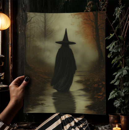 Gothic Witch in Forest Path Art Print, Whimsigoth Pagan Witchy Home Decor, Cottagecore Fairycore Wall Decor, Wiccan Dark Academia Poster