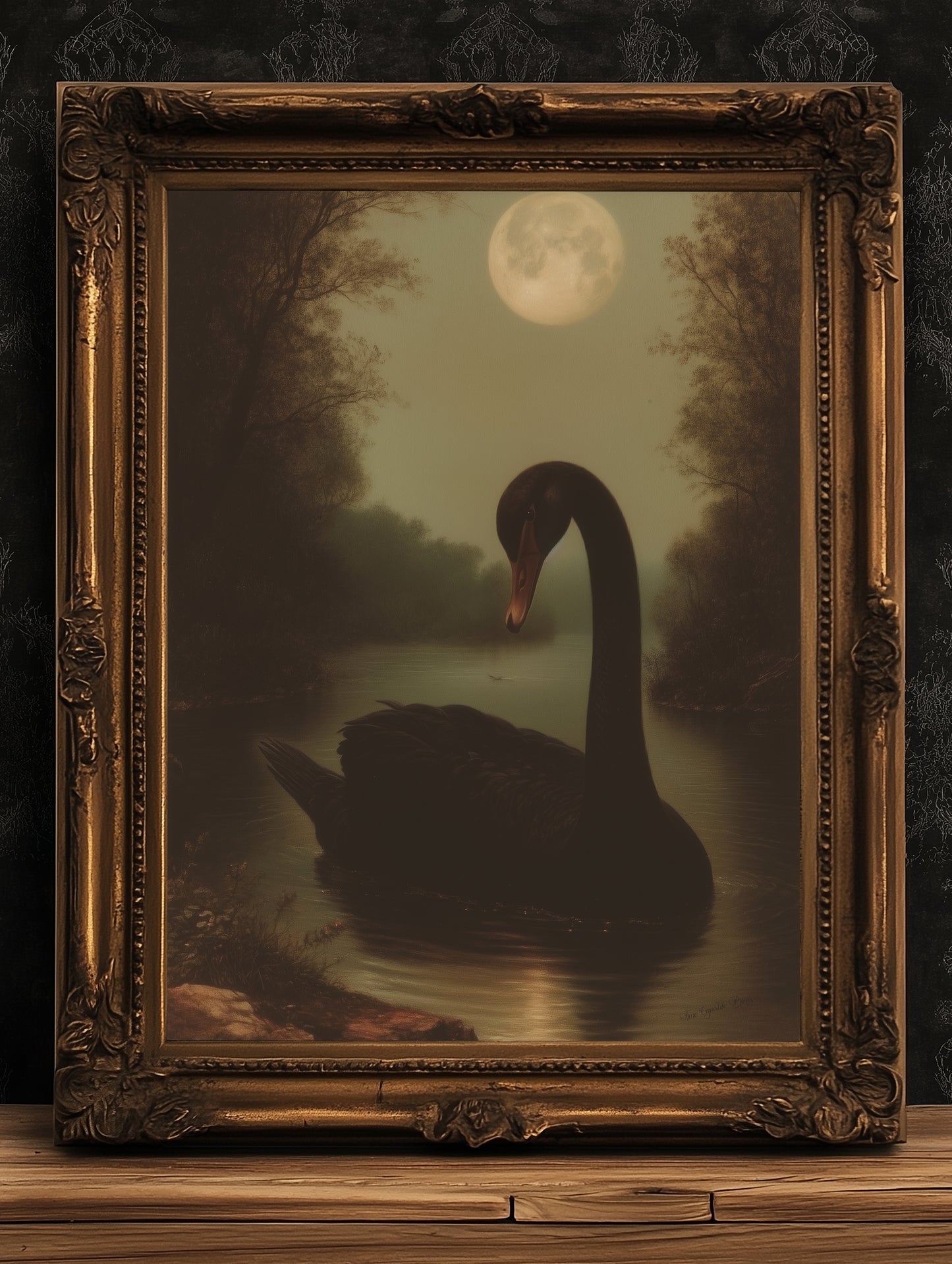Moody Moonlit Black Swan Art Print, Romantic Wall Art, Victorian Bird, Whimsigoth Nature Wall Decor, Vintage Gloomy Gothic Poster