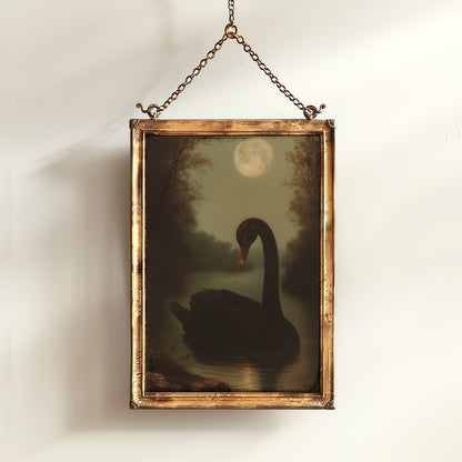 Moody Moonlit Black Swan Art Print, Romantic Wall Art, Victorian Bird, Whimsigoth Nature Wall Decor, Vintage Gloomy Gothic Poster