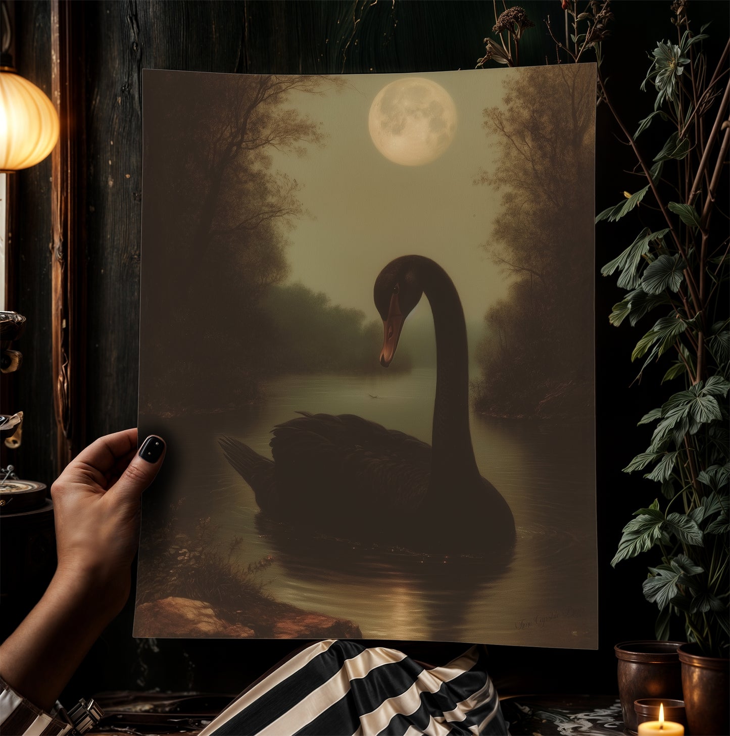 Moody Moonlit Black Swan Art Print, Romantic Wall Art, Victorian Bird, Whimsigoth Nature Wall Decor, Vintage Gloomy Gothic Poster