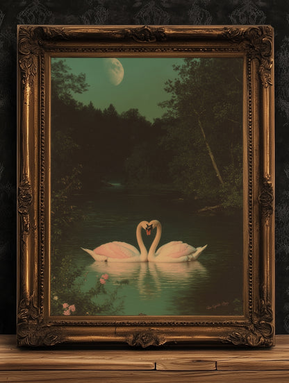 The Swans Waltz, Romantic Wall Art, Victorian Bird, Whimsigoth Nature Wall Decor, Vintage Gloomy Gothic Poster, Soft Academia Art Print