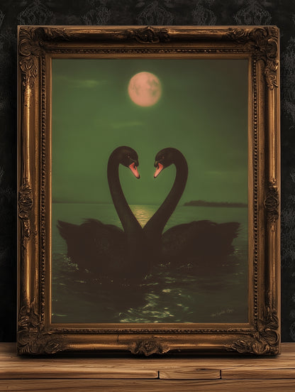 Romantic Black Swan Pair in Moonlight Art Print, Gothic Whimsigoth Wall Decor, Victorian Birds, Vintage Soft Academia Gloomy Gothic Poster