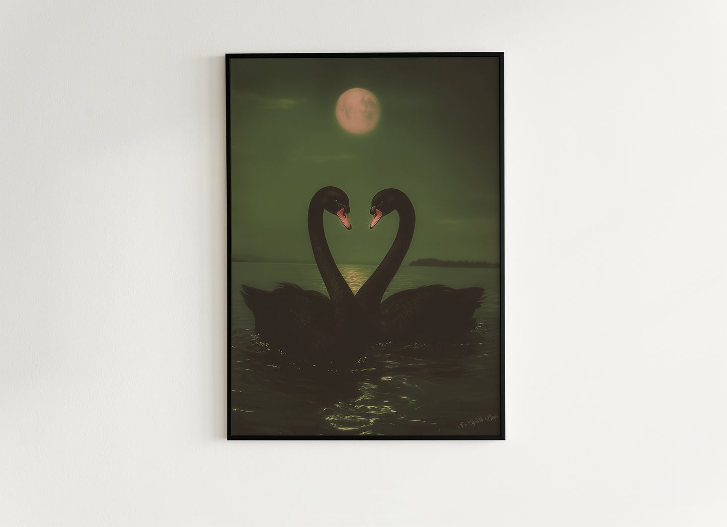 Romantic Black Swan Pair in Moonlight Art Print, Gothic Whimsigoth Wall Decor, Victorian Birds, Vintage Soft Academia Gloomy Gothic Poster