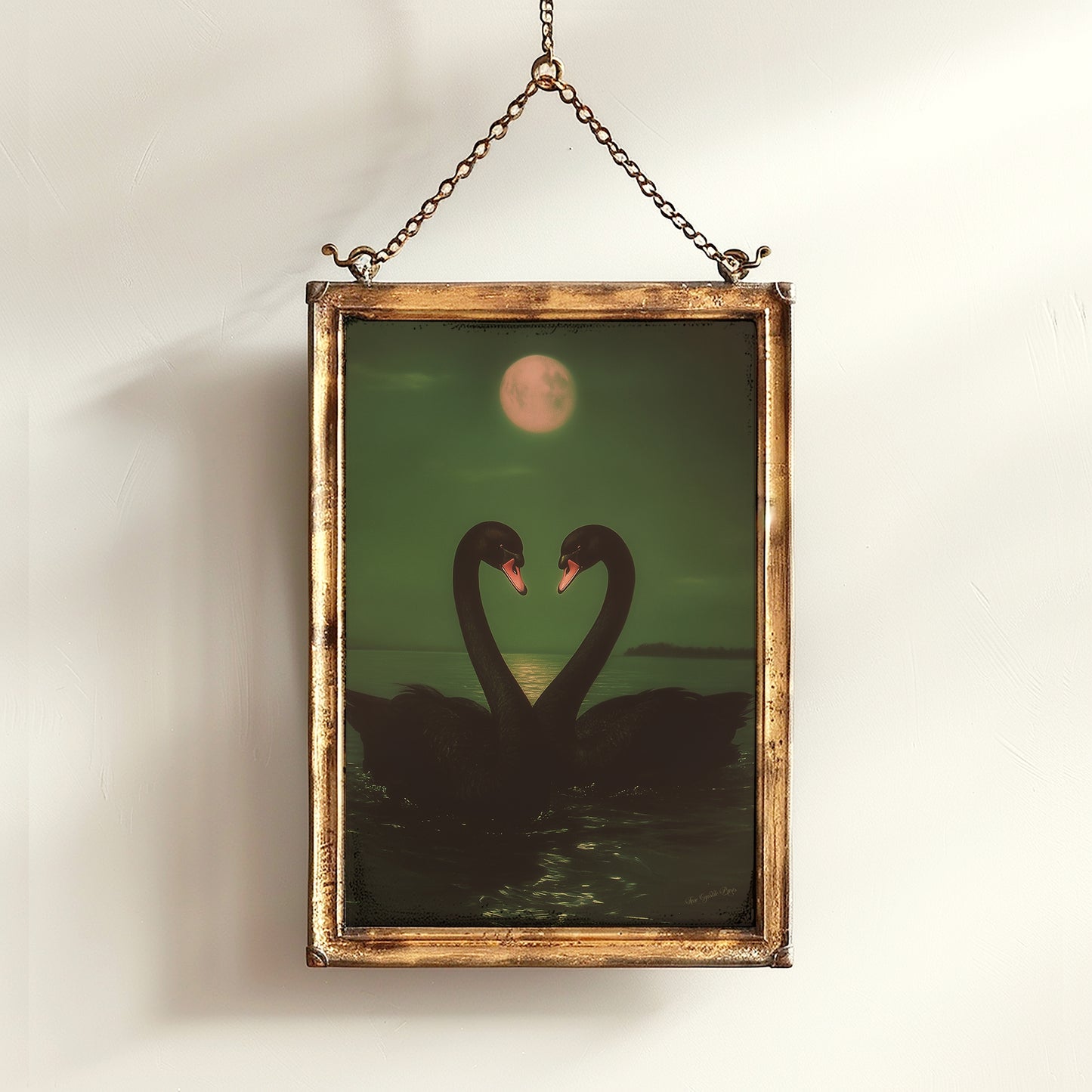 Romantic Black Swan Pair in Moonlight Art Print, Gothic Whimsigoth Wall Decor, Victorian Birds, Vintage Soft Academia Gloomy Gothic Poster