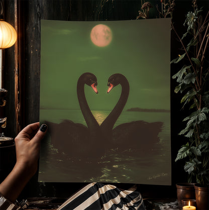 Romantic Black Swan Pair in Moonlight Art Print, Gothic Whimsigoth Wall Decor, Victorian Birds, Vintage Soft Academia Gloomy Gothic Poster