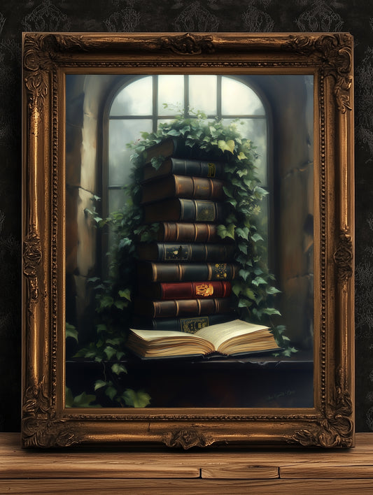 Vines and Volumes, Moody Books in Ivy-Covered Window Print, Gothic Library Witchy Wall Decor, Botanical Wall Art Whimsigoth Aesthetic Poster
