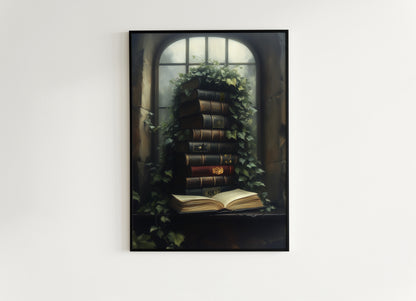 Vines and Volumes, Moody Books in Ivy-Covered Window Print, Gothic Library Witchy Wall Decor, Botanical Wall Art Whimsigoth Aesthetic Poster