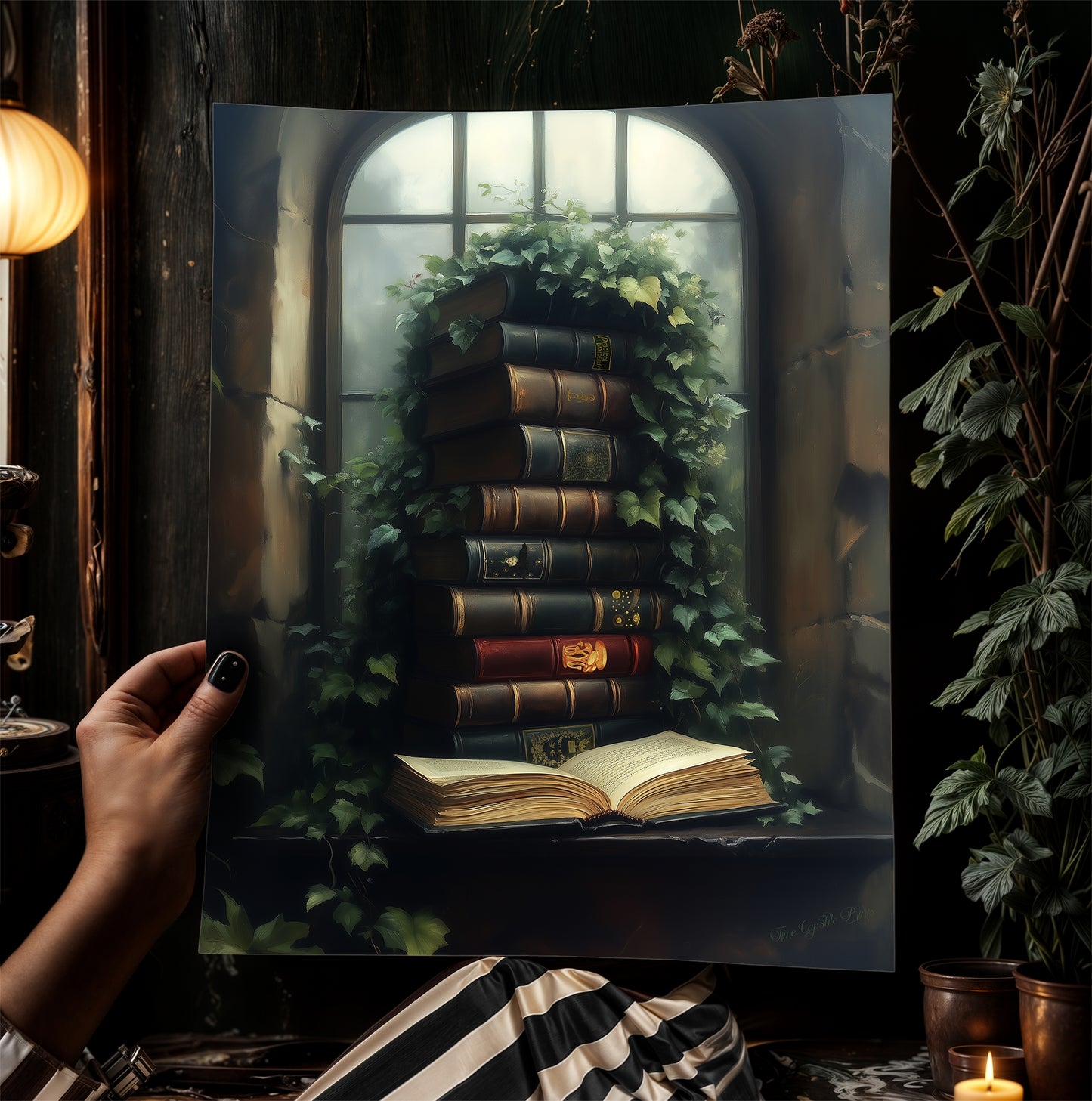 Vines and Volumes, Moody Books in Ivy-Covered Window Print, Gothic Library Witchy Wall Decor, Botanical Wall Art Whimsigoth Aesthetic Poster