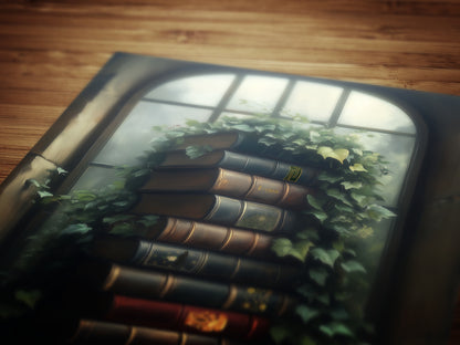 Vines and Volumes, Moody Books in Ivy-Covered Window Print, Gothic Library Witchy Wall Decor, Botanical Wall Art Whimsigoth Aesthetic Poster